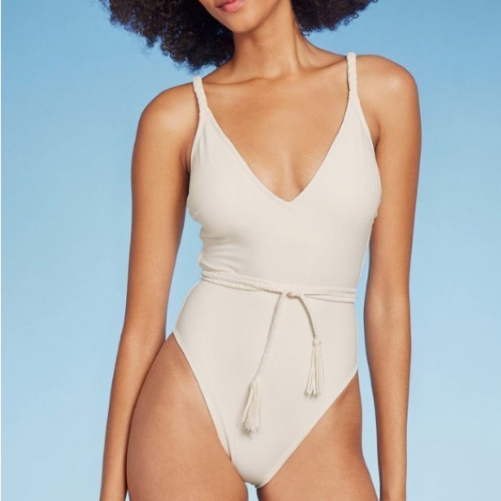 Shade & Shore Ivory Twist Braided Rope Belt One Piece Swimsuit S NEW